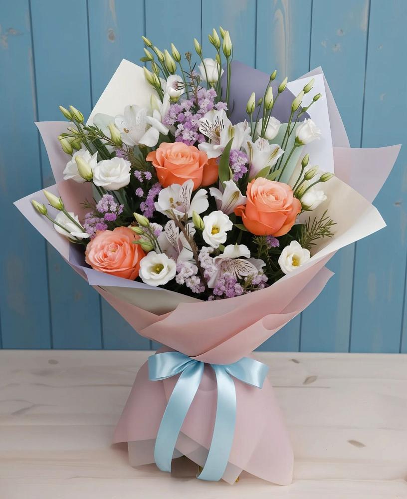 Букет цветов из: Лизиантусы, Розы, Альстромерии и Гипсофила в Софьино